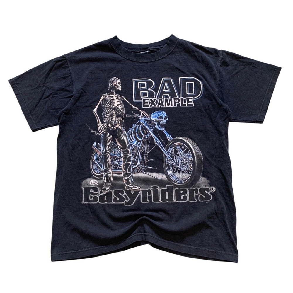 VTG y2k Easyriders Bad Example Skeleton Biker Motorcycle Graphic T-Shirt Black